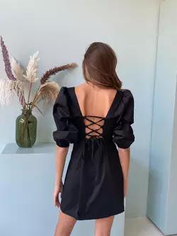 Неймовірно жіноча бавовняна міні сукня MELISSA з голою спиною на зав'язках чорного кольору
