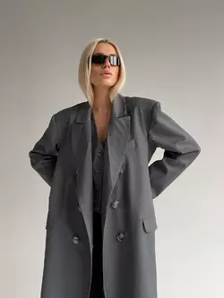 Демісезонне двобортне жіноче пальто BALENCIAGA з костюмної тканини на підкладці темно сірого кольору