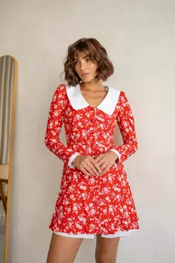 Чарівна жіноча сукня EMMA довжини міні у квітковий принт з білим комірцем червоного кольору