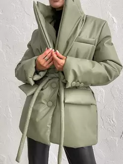 Зимова та демісезонна куртка  KYTYUR з екошкіри на силіконі оливкового кольору