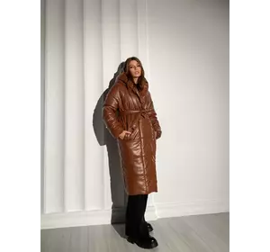 Довга жіноча зимова куртка - пуховик ZEFIR з екошкіри класу Lux на силіконі 200 з капюшоном колір кориця