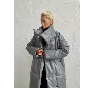 Довга жіноча зимова куртка - пуховик NIKA з екошкіри класу Lux на силіконі 200 без капюшона сірого кольору
