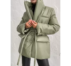 Зимова та демісезонна куртка  KYTYUR з екошкіри на силіконі оливкового кольору