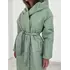 Довга жіноча зимова куртка - пуховик ZEFIR з екошкіри класу Lux на силіконі 200 з капюшоном оливкового кольору